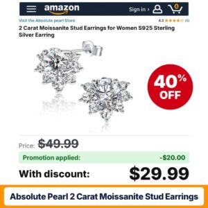 Absolute pearl 2 Carat Moissanite Stud Earrings Amazon promo code DTX75EI3 – 40% off