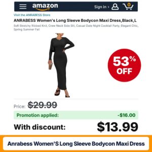 ANRABESS Women's Long Sleeve Bodycon Maxi Dress Amazon promo code 2HFIDML6 – 53% off