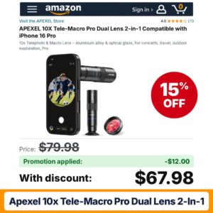 APEXEL 10X Tele-Macro Pro Dual Lens 2-in-1 Amazon promo code PETERW15 – 15% off