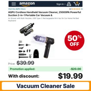 AQPU Cordless Handheld Vacuum Cleaner Amazon promo code 6DPPTD7Z – 50% off