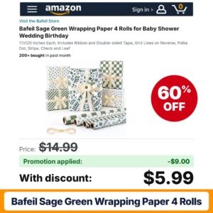 Bafeil Sage Green Wrapping Paper 4 Rolls Amazon promo code SAGEWRAP – 60% off