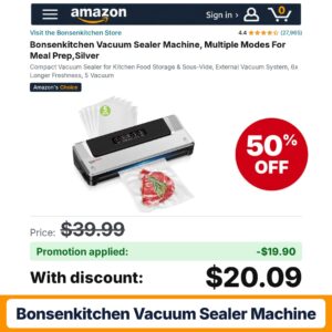 Bonsenkitchen Vacuum Sealer Machine Amazon promo code IO37LE83 – 50% off