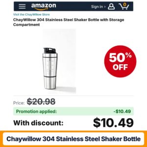 ChayWillow 304 Stainless Steel Shaker Bottle Amazon promo code EJCOJ724 – 50% off