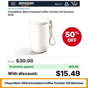ChayWillow 380ml Insulated Coffee Tumbler 316 Stainless Amazon promo code KKBOGEG4 – 50% off