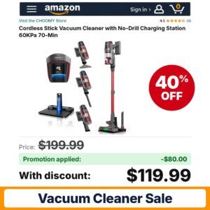 CHOOMY Cordless Stick Vacuum Cleaner Amazon promo code DNCMS7AA – 40% off