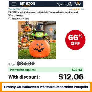 DROFELY 4ft Halloween Inflatable Decoration Pumpkin Amazon promo code C8EIN2H5 – 66% off