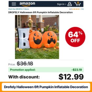 DROFELY Halloween 6ft Pumpkin Inflatable Decoration Amazon promo code 6DH8878I – 64% off