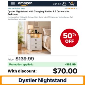 Dystler Nightstand Amazon promo code 3PCJBA1O – 50% off