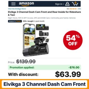 Eivikga 3 Channel Dash Cam Front Amazon promo code EIVIKGA38 – 54% off