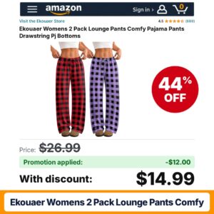 Ekouaer Womens 2 Pack Lounge Pants Comfy Amazon promo code TYQD1RP9 – 44% off