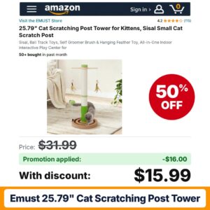 EMUST 25.79" Cat Scratching Post Tower Amazon promo code W2MFMU5R – 50% off