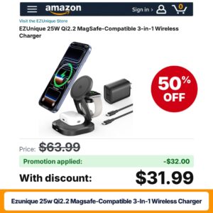 EZUnique 25W Qi2.2 MagSafe-Compatible 3-in-1 Wireless Charger Amazon promo code C5K8OVUT – 50% off