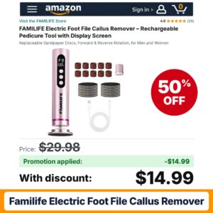 FAMILIFE Electric Foot File Callus Remover Amazon promo code 355QYJZV – 50% off