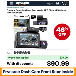 Frvesroe Dash Cam Front Rear Inside Amazon promo code RT306EHX – 46% off