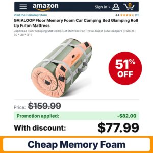 GAIALOOP Floor Memory Foam Car Camping Bed Amazon promo code 127BGS9L – 51% off