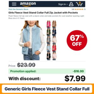 Generic Girls Fleece Vest Stand Collar Full Amazon promo code B4TKR5XD – 67% off