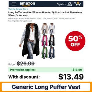 Generic Long Puffer Vest Amazon promo code ZZXXCC33 – 50% off