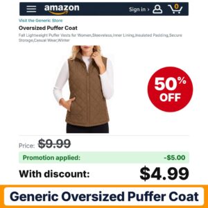 Generic Oversized Puffer Coat Amazon promo code ZZXXCC33 – 50% off