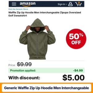 Generic Waffle Zip Up Hoodie Men Interchangeable Amazon promo code VJ365D3U – 50% off