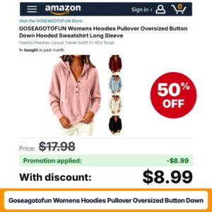 GOSEAGOTOFUN Womens Hoodies Pullover Oversized Button Down Amazon promo code M3HN9NAI – 50% off