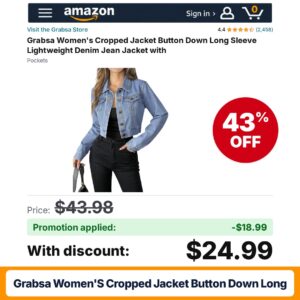 Grabsa Women's Cropped Jacket Button Down Long Amazon promo code I190L1YK – 43% off