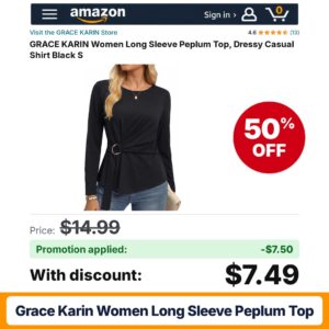 GRACE KARIN Women Long Sleeve Peplum Top Amazon promo code PDB67VX0 – 50% off