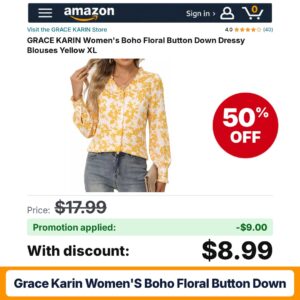 GRACE KARIN Women's Boho Floral Button Down Amazon promo code F25L1699 – 50% off