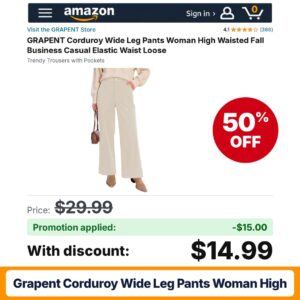 GRAPENT Corduroy Wide Leg Pants Woman High Amazon promo code D7EW4XT6 – 50% off