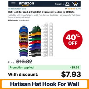 hatisan Hat Hook for Wall Amazon promo code 9SZ626QR – 40% off
