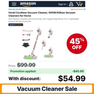 Honki Cordless Vacuum Cleaner Amazon promo code D7FUX9JB – 45% off