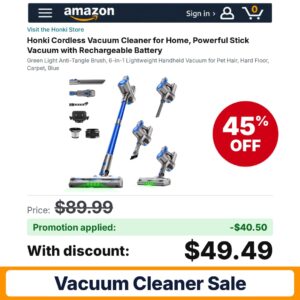 Honki Cordless Vacuum Cleaner Amazon promo code PPXG7FYV – 45% off