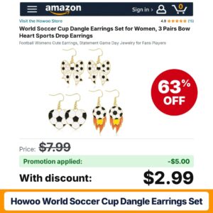 Howoo World Soccer Cup Dangle Earrings Set Amazon promo code YWLA5TE7 – 63% off