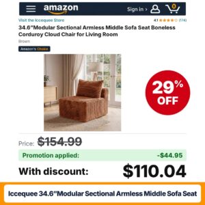 Iccequee 34.6”Modular Sectional Armless Middle Sofa Seat Amazon promo code 40QY2NP5 – 29% off