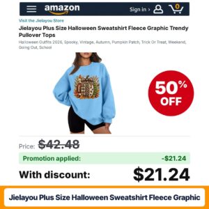 Jielayou Plus Size Halloween Sweatshirt Fleece Graphic Amazon promo code 29JXSHG7 – 50% off