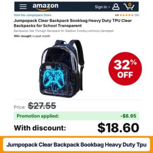 Jumpopack Clear Backpack Bookbag Heavy Duty TPU Amazon promo code BAE2BOV3 – 31% off