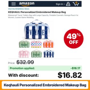 KEQHAULI Personalized Embroidered Makeup Bag Amazon promo code SP0L2OVN – 49% off