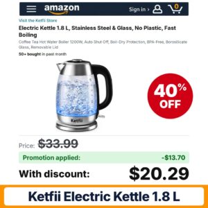 Ketfii Electric Kettle 1.8 L Amazon promo code 7J37MB62 – 40% off