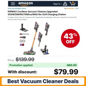 KIPMAX Cordless Vacuum Cleaner Amazon promo code FQ1EC1MO – 43% off