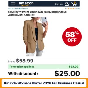 KIRUNDO Womens Blazer 2026 Fall Business Casual Light Khaki Medium Amazon promo code 9O102A7F – 58% off