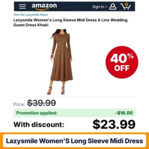 Lazysmile Women's Long Sleeve Midi Dress Amazon promo code 40933GMB – 40% off
