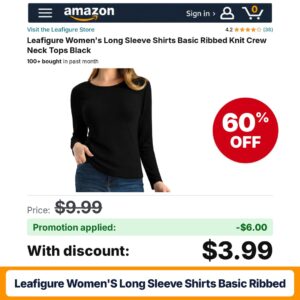 Leafigure Women's Long Sleeve Shirts Basic Ribbed Amazon promo code REHPWUH0 – 60% off