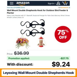 LEYOXING Wall Mount Double Shepherds Hook Black 12INCH-2PACK Amazon promo code KZOLHELP – 75% off