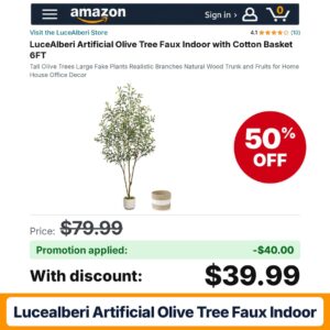 LuceAlberi Artificial Olive Tree Faux Indoor Amazon promo code 65R2STUH – 50% off
