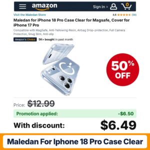 Maledan for iPhone 18 Pro Case Clear Amazon promo code 3LZ59SKU – 50% off