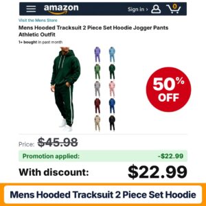 Mens Hooded Tracksuit 2 Piece Set Hoodie Amazon promo code 45MMH7S6 – 50% off