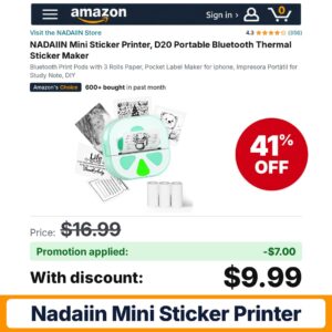 NADAIIN Mini Sticker Printer Amazon promo code TOYPJVML – 41% off
