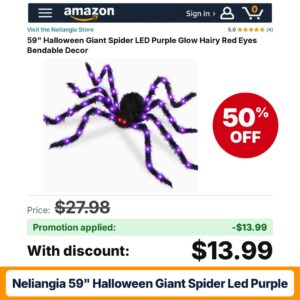 Neliangia 59" Halloween Giant Spider LED Purple Amazon promo code WCO3GUOI – 50% off