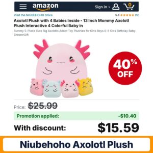 NIUBEHOHO Axolotl Plush Amazon promo code NGTSJGGS – 40% off