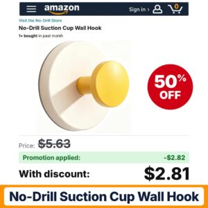 No-Drill Suction Cup Wall Hook Amazon promo code XICNID3B – 50% off