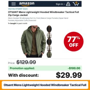 OTSANT Mens Lightweight Hooded Windbreaker Tactical Full Amazon promo code VY3GFUWV – 77% off